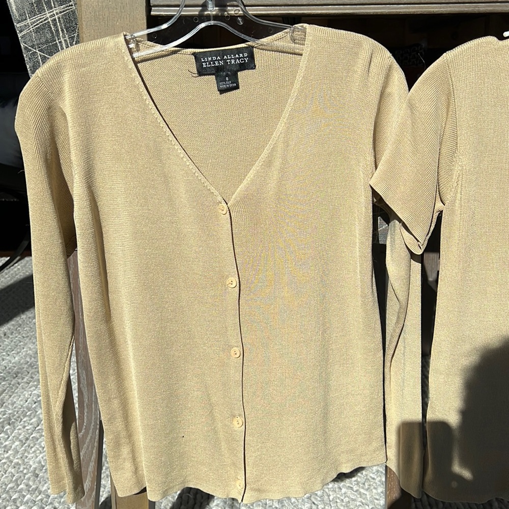 Ellen Tracy  100% silk matching sweater set. -size small, tan, hand washed.